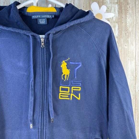RALPH LAUREN Youths Hoodie Sz L Navy Yellow Big Pony Embroidered Drawstring - Picture 3 of 8